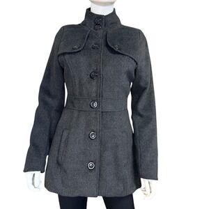 Mine Pea Coat Fleece Fitted Gray Button Front Belted Collar Coat Jacket Womens M